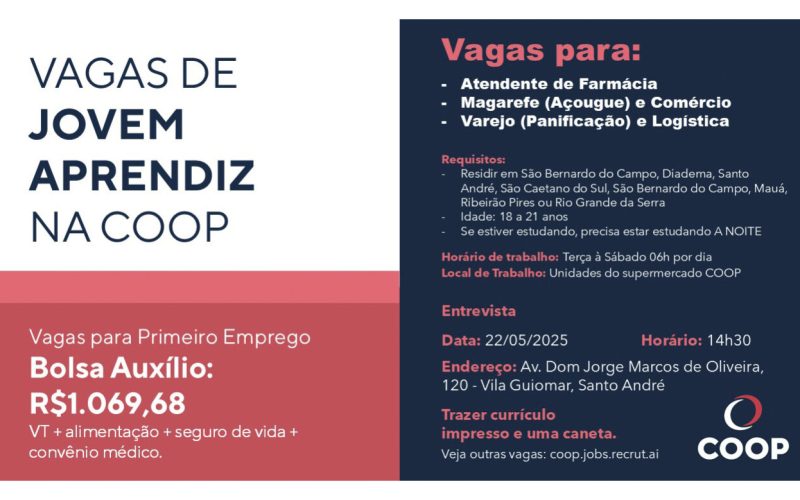 COOP busca jovens aprendizes para vagas no ABC